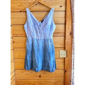 Tahari Blue Ombre 100% Linen Sleeveless V-Neck Pocket Dress Womens 10 Pockets